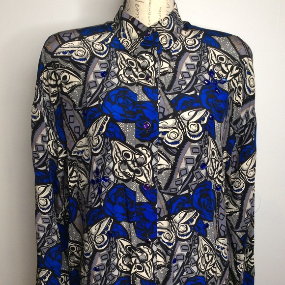 Vintage Tops - Vintage Blue Rose Butterfly Silk Blouse Top SZ 8